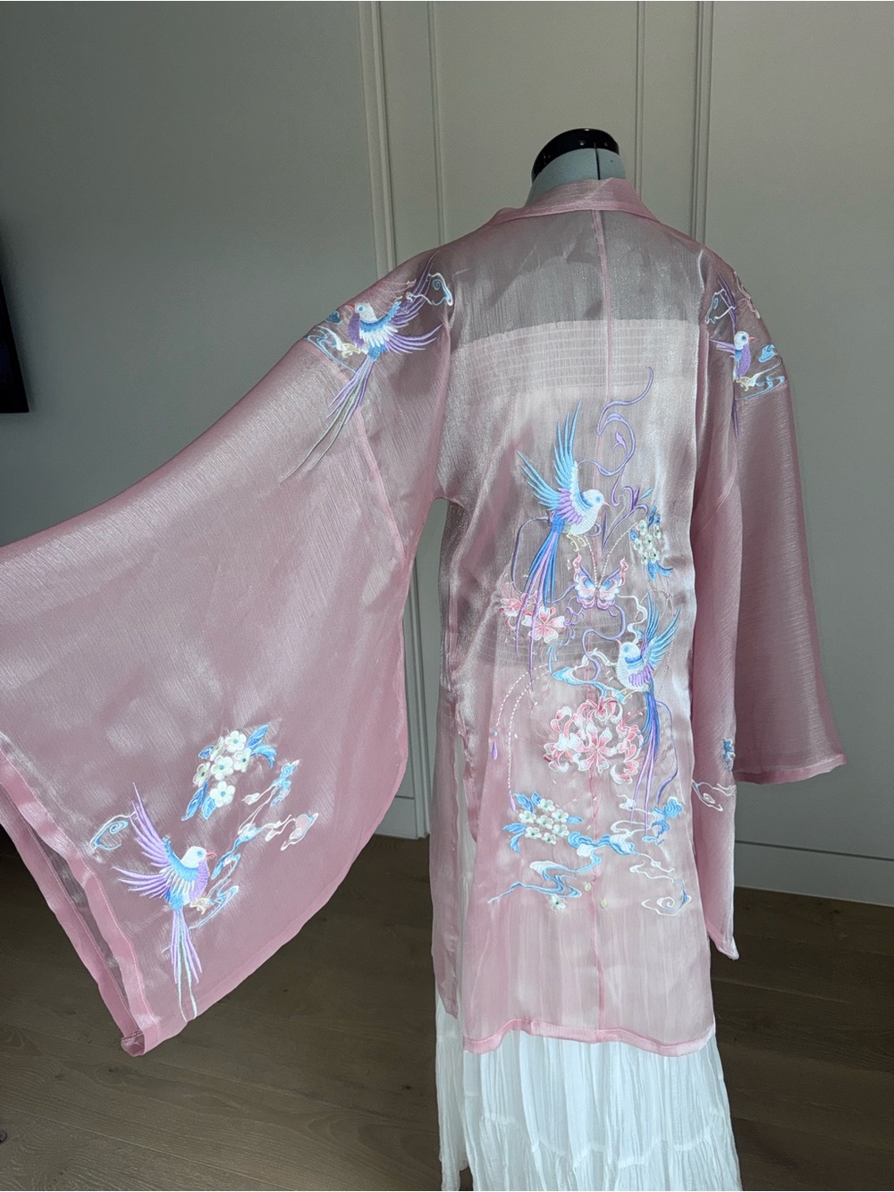 Sheer Pink Embroidered Kimono with Blue Bird Motif